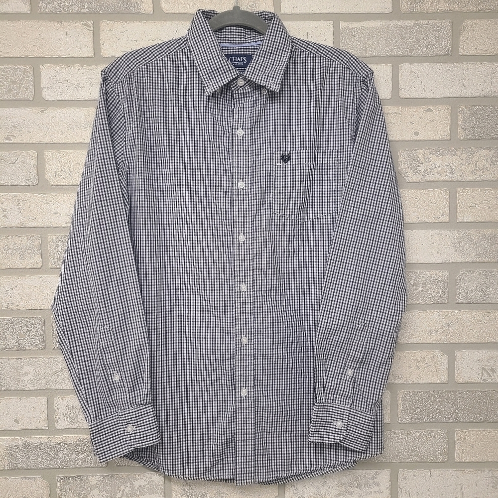 Chaps Gingham Check Print Long Sleeve Button Down Shirt Black and White Size Med